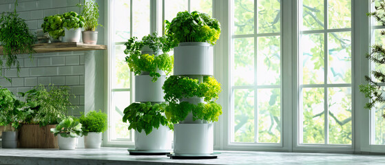 Fresh green vegetables thrive in a vertical garden tower in a contemporary kitchen, bathed in morning light by a sunny window, showcasing indoor gardening