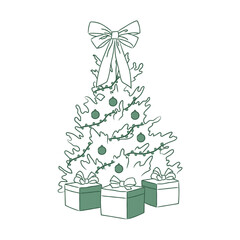 Retro Christmas tree with gifts. Nostalgic illustration for festive design