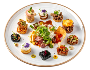 A beautifully arranged plate of assorted gourmet appetizers and small bites with vibrant garnishes and sauces
