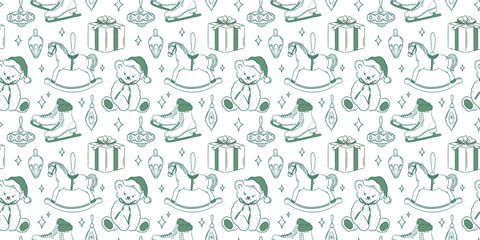 Pattern with Christmas tree decorations. Retro Christmas aesthetic, nostalgic ornament in green