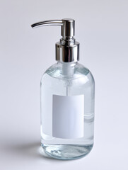 Clear soap dispenser with a blank label on a white background.
