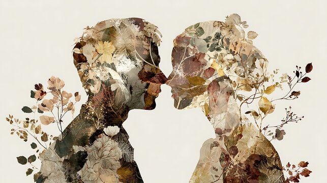 Abstract ethereal figures merging with nature in a tender embrace