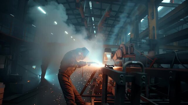 Skilled welder illuminates the dark factory floor with brilliant sparks, showcasing the intense, demanding work of modern industrial manufacturing