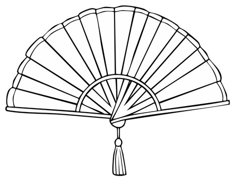 Traditional open hand fan with a tassel black and white line art illustration for a coloring book