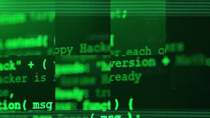 Close up of computer screen with green programming code, glitch distortion and digital noise, futuristic hacker background, system error, data corruption and cybersecurity concept. Software hack - Powered by Adobe