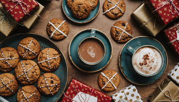A festive flat lay of Christmas cookies and hot chocolate surrounded by wrapped presents.