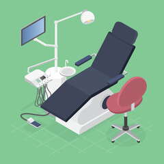 Dental room interior with dentist chair, lamp, drilling machine. Hospital interior with dentist workplace. 3d flat Isometric vector illustrations without people.