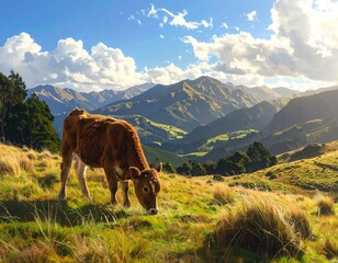 Cow grazing peacefully in a lush green pasture with majestic mountains backdrop