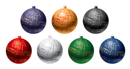 vector illustration of 3d Christmas balls with music notes of song Silent night like ornament