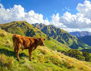 Cow grazing in picturesque mountain scenery with fluffy white clouds above