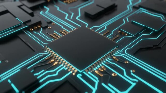 Abstract 3D shapes forming a futuristic circuit board design, blending geometric elements with glowing digital lines. Metallic pathways connect in intricate patterns.