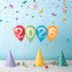 Bright and colorful arrangement featuring balloons, confetti, and 2026 numbers, capturing the essence of joy and excitement for New Year celebrations and special occasions, gatherings, joyful events.