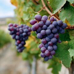 Fototapeta premium Close-up of ripe purple grapes hanging on a vine