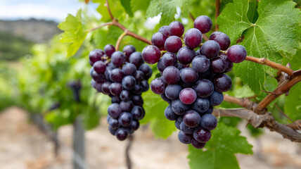 Ripe purple grape clusters hanging on the vine in a vineyard.