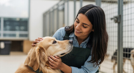 Happy female volunteer petting a Golden Retriever dog at an animal shelter. Smiling woman worker caring for a rescue pet in a kennel