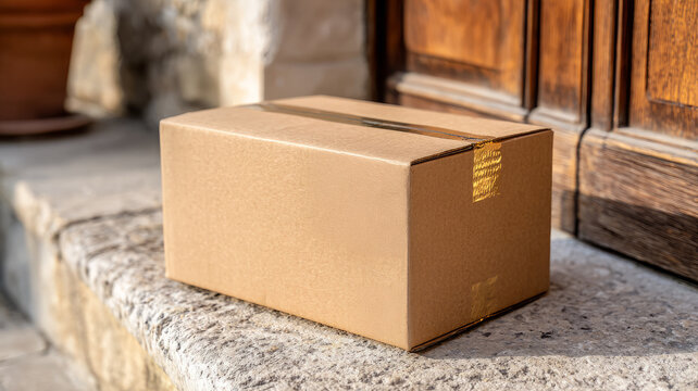 Cardboard package on a stone doorstep in front of a door.