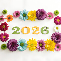 Pastel numbers 2026 surrounded by a beautiful floral arrangement, Celebrating the New Year, elegant floral bouquet, Flat lay, perfect for festive greetings and celebrating new beginnings.