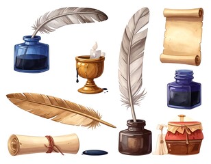 Elegant collection of historical writing tools and implements, symbolizing knowledge