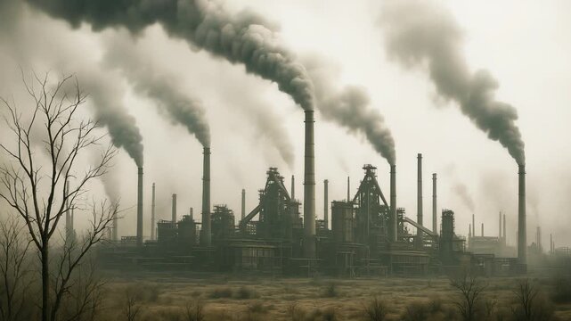 Industrial chimneys emitting of smoke into sky, polluted environment, industrial waste. factory with chimneys belching thick smoke into sky, casting unhealthy haze over area. environmental degradation
