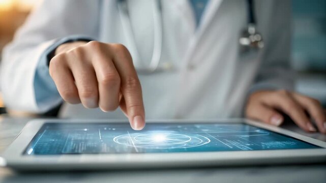 Quantum computing in healthcare concept. A doctor interacts with a digital interface on a tablet.