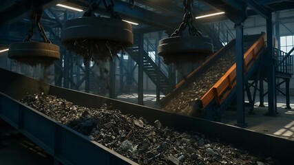 recycling facility with machines breaking down waste and sorting materials for reuse. In an industrial recycling plant, waste is processed on a conveyor belt. Machines separate materials for recycling