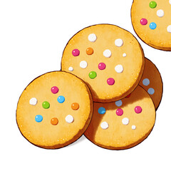 Colorful Christmas cookies with sprinkles stacked on white background  