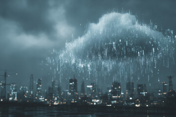 Encrypted data cloud hovering above city skyline representing cloud computing, secure storage, digital transformation and AI-powered network infrastructure