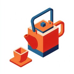 Isometric Minimalist Teakettle and Square Tea Cup Abstract Graphic Design Orange Red Blue Isolated Hot Beverage Set