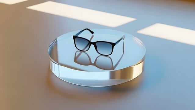 Stylish modern sunglasses displayed on a reflective pedestal with soft lighting
