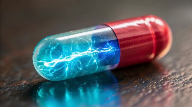 Quantum computing in healthcare concept. A futuristic capsule with glowing electric effects.