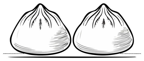 Minimalist Illustration of two stylized dumplings or buns with subtle tree graphics