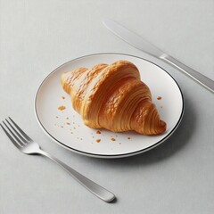 Golden Flaky Croissant on Plate High Angle View Breakfast Pastry Knife Fork Table Setting Bakery Food