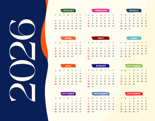 2026 calendar. Planner template. Week starts Sunday. Yearly calender organizer layout. Scheduler grid for desk. Monthly diary with 12 month. Vector illustration. Horizontal landscape design, 