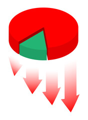 Isometric pie chart with red arrows of stock market crash pointing downwards. Isolated cartoon vector concept on white background top view