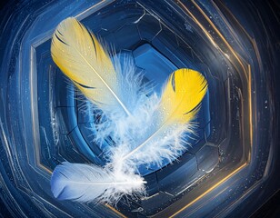 Elegant feathers floating in a mesmerizing blue abstract geometrical pattern background