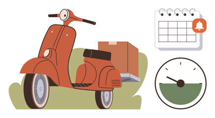 Vintage orange scooter carrying a package, calendar with notification icon, and speedometer. Ideal for delivery, logistics, schedule management, time tracking, efficiency, transportation simple flat