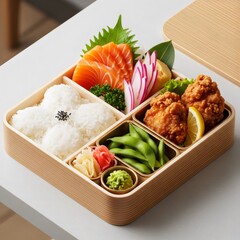 Japanese Bento Box with Salmon Avocado Sushi Rolls and Karaage Chicken