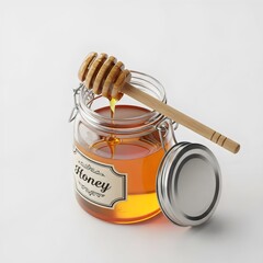Glass Jar of Golden Honey with Wooden Dipper and Open Metal Lid