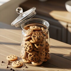 Clear Glass Cookie Jar Filled with Chocolate Chip Cookies on Wooden Table