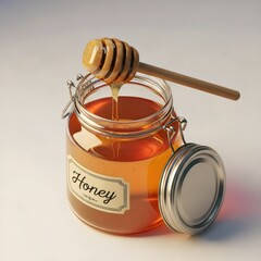 Jar of Natural Golden Honey with Dipper and Metal Clasp Lid Isolated on White