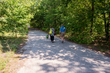 Fototapeta premium Elderly couple walks hand-in-hand down a sun-dappled forest path, enjoying a peaceful summer day stroll. Lush green trees line the scenic route, perfect for nature and outdoor lifestyle themes.