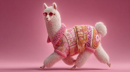 Obraz premium Stylish llama wearing trendy sunglasses and a chic pink coat, ready for a fun day out, radiating confidence and unique personality on pastel background