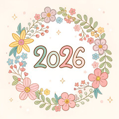 A circular arrangement of soft pastel flowers and leaves frames the text 'Happy New Year 2026' on a white background, a beautiful blooms, a delicate floral wreath.