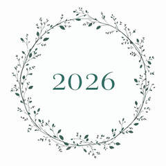Ai futuristic office workspace with remote job screens illustration of elegant green botanical wreath design encircling the year 2026, perfect for calendar or greeting card design, isolated on white b