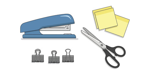 Fototapeta premium A blue stapler, scissors, binder clips, and sticky notes are arranged on a white background, symbolizing office supplies