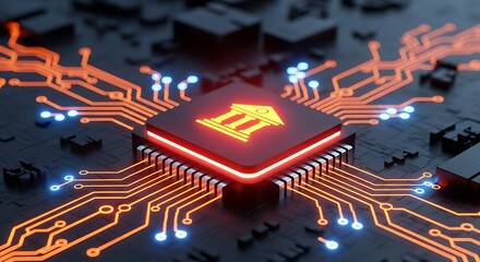 Digital banking and finance technology concept with a glowing central processor on a circuit board