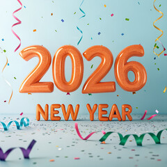 Beautiful balloons spell out Happy New Year 2026 with surrounding confetti and streamers set against a bright celebratory happy new year 2026 background, The atmosphere is festive and energetic.