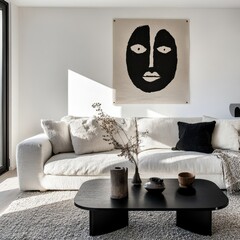 White sofa and black coffee table against white wall with art poster. Scandinavian boho home interior design of modern living room, Generative AI