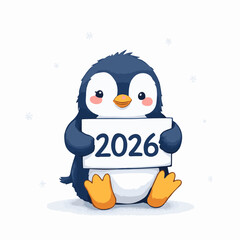Ai futuristic office workspace with remote job screens illustration of cute cartoon baby penguin character sitting and holding a sign with the year 2026, isolated on white background ai office, futuri