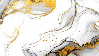 Abstract flowing paint with gold accents on a white background, resembling marble